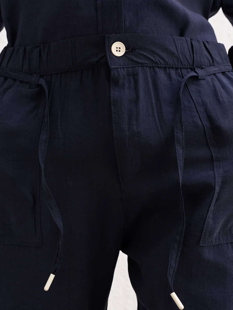 Giesto Navy Blue GIESTO Regular Fit Drawstring Waist Tencel Pants with Binding Detail for Men | Best Price UAE